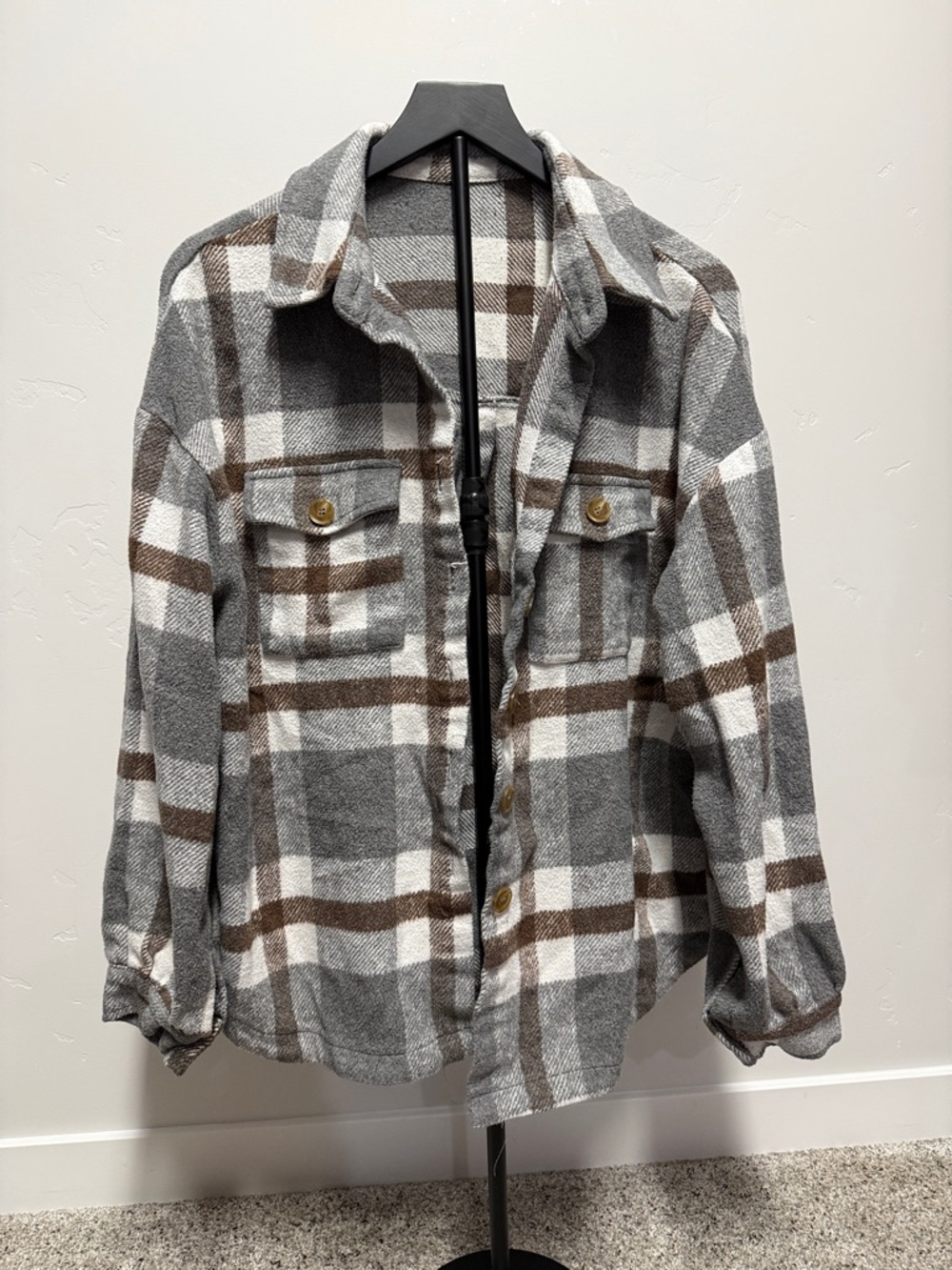 Plaid Button-Up Shacket in Gray, White & Brown